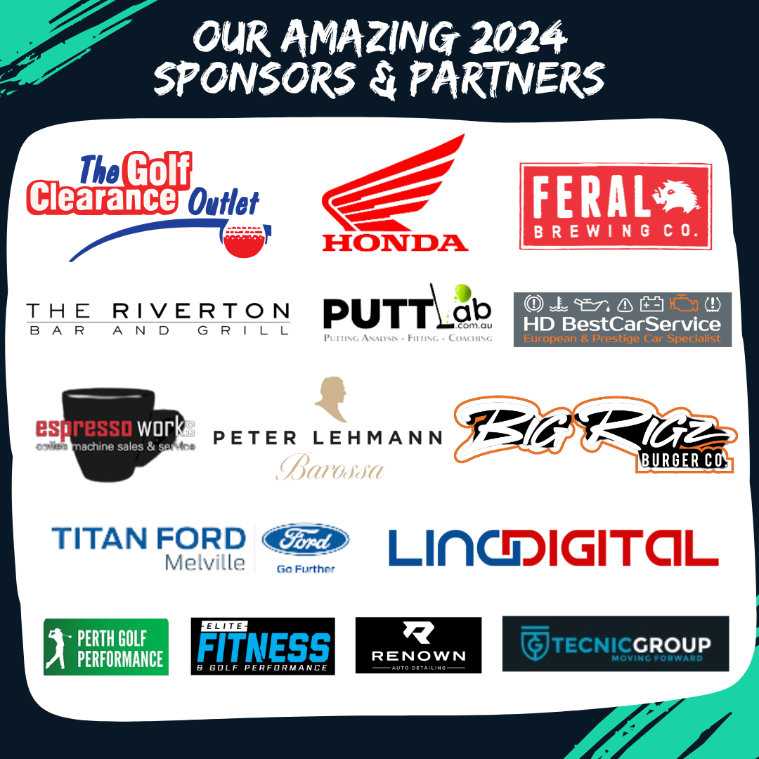 Image showcasing the 2024 sponsors and partners for a golf event or organization, titled 'Our Amazing 2024 Sponsors & Partners.' The logos featured include The Golf Clearance Outlet, Honda, Feral Brewing Co., The Riverton Bar and Grill, PUTT Lab, HD Best Car Service, Espresso Works, Peter Lehmann, Big Rigz Burger Co., Titan Ford Melville, Ford, LIN Digital, Perth Golf Performance, Elite Fitness Golf Performance, Renown Auto Detailing, and Tecnic Group.